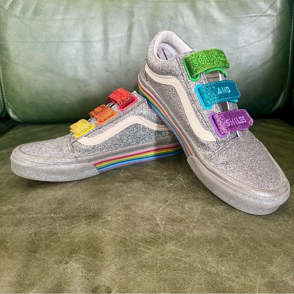Vans x Flour Shop Womens Size 8 Silver Rainbow Glitter Collab Shoes Pride EUC